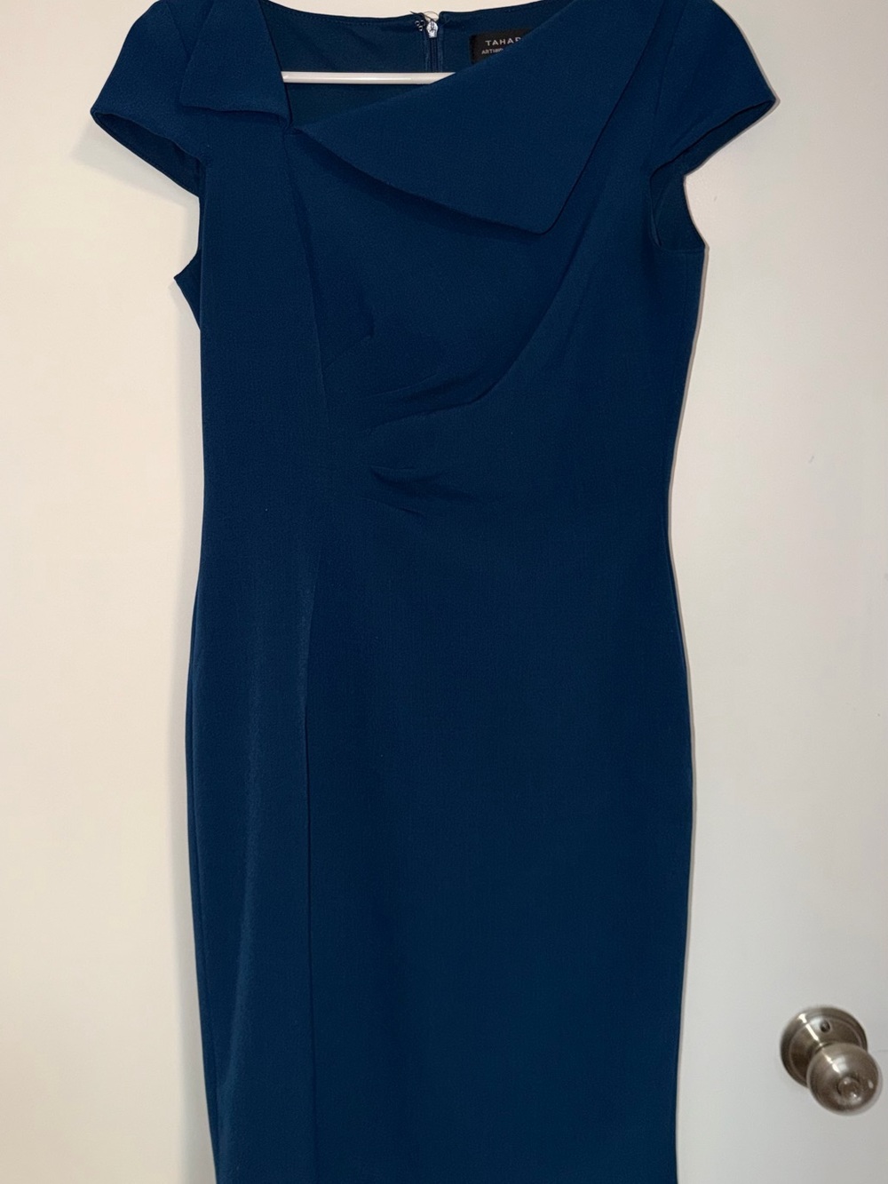 Tahari ASL Deep Navy Draped Sheath Midi Dress
